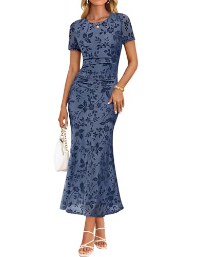 ZESICA Women's Summer Short Sleeve Floral Sun Dress 2026 Mesh Bodycon Wedding Guest Cocktail Party Maxi Dresses Dusty Blue Medium