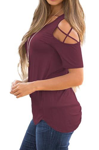 Jar of Love Women's Short Sleeve Cold Shoulder T Shirts Criss Cross Spring Summer Loose Fit Tops Going Out Tops Lady Casual Dressy Shirts 2026,M,Burgundy