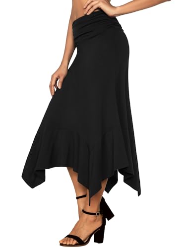 DJT Women's Flowy Handkerchief Hemline Casual Elegant Midi Skirt XL Black