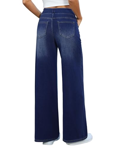 DLOODA Women's Wide Leg Jeans High Waisted Stretchy Denim Pants Elastic Waist Pull On Sweatpant Jeans Trendy Baggy Loose Dark Blue