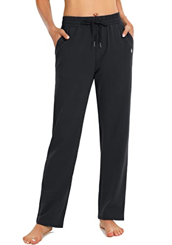 SANTINY Women's Cotton Sweatpants Yoga Lounge Casual Pants Open Bottom Sweat Pants for Women with Pockets (Black_M)