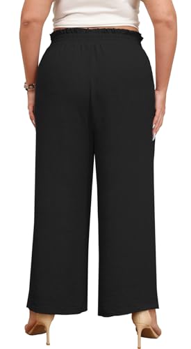 Lastshe Women's Plus Size Pants Wide Leg Work Casual Palazzo Flowy Elastic High Waisted Tie Knot Trousers with Pockets, Black, 3X
