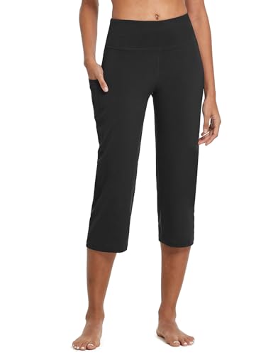 baleaf Yoga Pants for Women Capris High Waist Leggings with Pockets Wide Leg Exercise Workout Crop Straight Open Bottom Black L