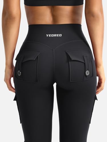 YEOREO CoreFlex Women Workout Flare Leggings with Pockets Hidden Scrunch High Waisted Cargo Gym Yoga Leggings Black M