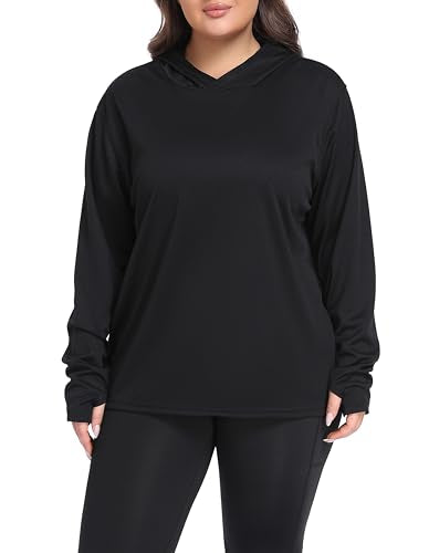 ZERDOCEAN Womens Plus Size Workout Tops Hoodie Long Sleeve Shirts Outfits for Hiking Running Cover Ups for Women Black 2X