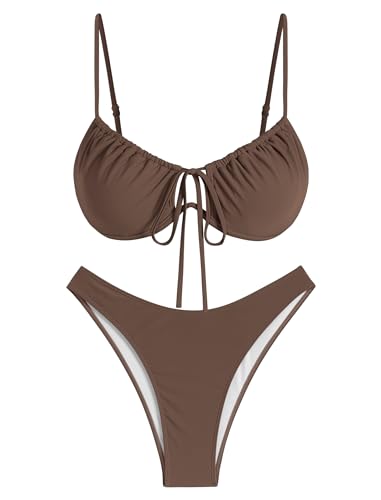 ZAFUL Women High Cut Bikini Sets String Sexy Swimsuit Two Piece Underwire Bathing Suit Brazilian Cheeky Cut Out Cute Swimwear Coffee L