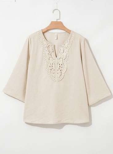 EVALESS Womens Tops Trendy 2026 Boho 3/4 Sleeve Embroidered Lace V Neck Business Work Blouses Dressy Casual Spring Fashion Outfits Parchment M