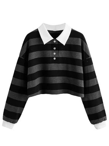 Natalie Winters Dress - Remidoo Women's Collared Half Button Long Sleeve Striped Crop Top Sweatshirt Black Grey