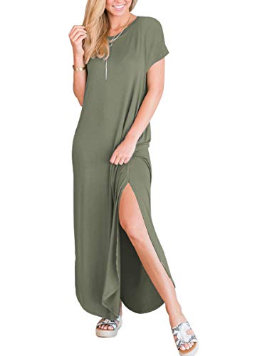 ANRABESS Womens Summer Maxi Dress Short Sleeve Casual Loose Long T Shirt Dresses Split Vacation Beach Sundress Travel Outfits Olive Small