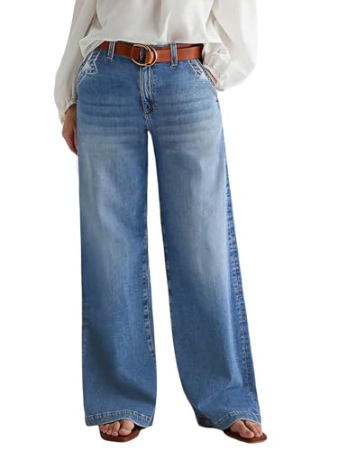 Flamingals Wide Leg Jeans for Women Mid Waist Baggy Stitch Decor Denim Washed Pants Without Belt Mid Blue M