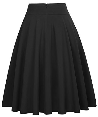 Women's High Waist A-Line Midi Skirt Pleated Pockets Skirts with Belt Black-1 Size XL