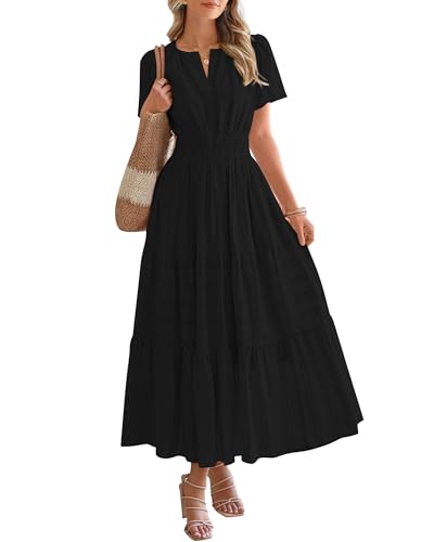 BTFBM Womens Summer 2026 Casual Midi Maxi Dresses Lightweight Short Sleeve V Neck Elastic Waist Boho Beach Dress Pockets