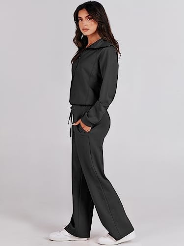 ANRABESS Women 2 Piece Outfits 2025 Fall Fashion Airport Wide Leg Pants Lounge Set Leisure Travel Vacation Clothes Sweatsuits Black Large
