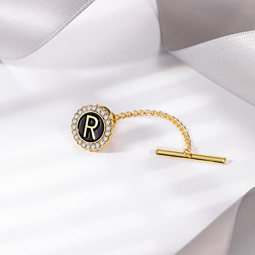 HAWSON Men's Tie Tack With Chain, Gold Initial Tie Pin, Crystal Lapel Pin Accessories