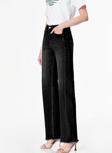 Sidefeel Women's High Waisted Jeans Stretchy Raw Hem Straight Leg Denim Pants Size 12 Black