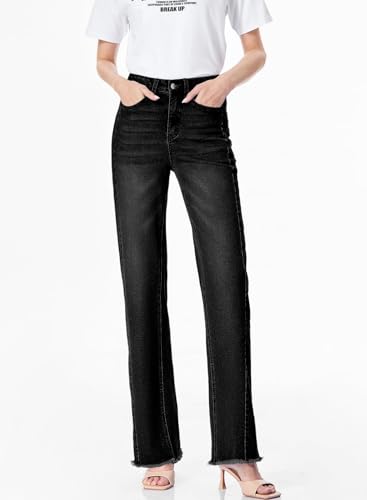 Sidefeel Women's High Waisted Jeans Stretchy Raw Hem Straight Leg Denim Pants Size 12 Black