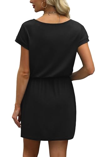 OFEEFAN Black Summer Dresses for Women 2025 Loose V Neck T Shirts Casual Dress Sundresses Tie Front A-Line Dresses XXL