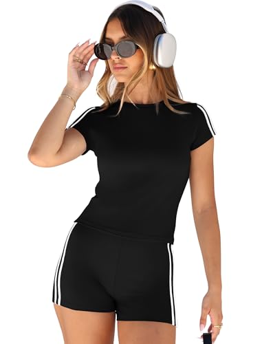 NIASHOT Lounge Sets for Women Comfy 2 Piece Summer Outfits Workout Sets Casual Two Piece Shorts Set Active Wear Black L