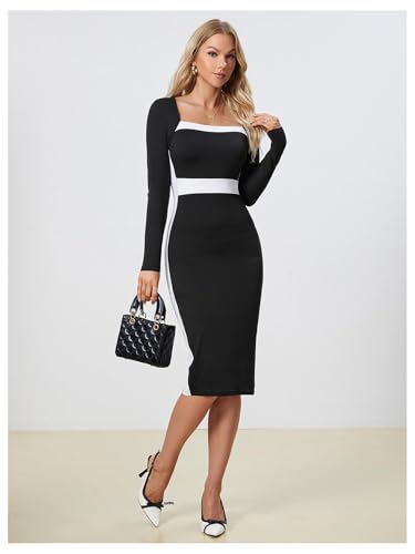 Women Midi Dress - Color Block Square Neck Long Sleeve Bodycon Dress