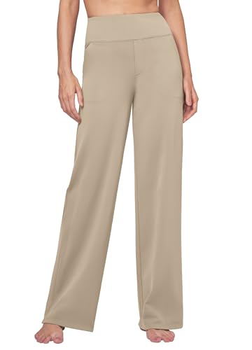 Willit Women's Yoga Pants Wide Leg Dress Work Pants Stretch Casual Pants Slacks with Pockets High Waist 30" Khaki M
