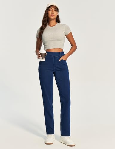 IUGA Straight Leg Jeans for Women Stretchy Pull On Sweatpant Jeans Women High Waisted Bootcut Jean Trendy Denim Pants Dark Blue