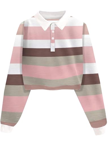 Natalie Winters Dress - Remidoo Women's Collared Half Button Long Sleeve Striped Crop Top Sweatshirt Large Striped Pink