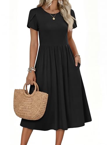 Zeagoo Women Summer Short Sleeve Midi Dress with Pockets Casual Aline Flowy Tshirt Dress Floral Vocation Beach Sundress