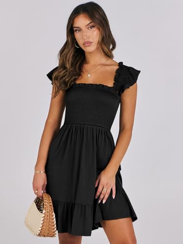 ANRABESS Women's Summer Casual Sleeveless Square Neck Dress 2025 Smocked Ruffle Backless Boho Beach Cute Teen Short Sundress Black Small