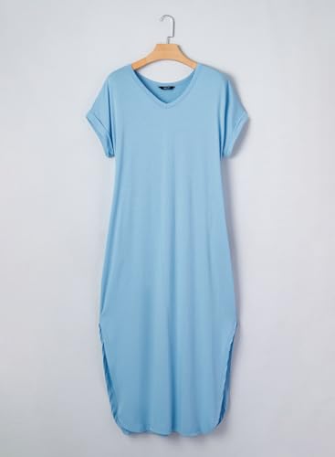 Dokotoo Women's Dresses V Neck Short Sleeve Maxi Sundresses for Women Plus Size Beach Essentials Womens Maxi Dress Womens Summer Outfits Sun Dress Casual Long Dresses for Women Mist Blue XL