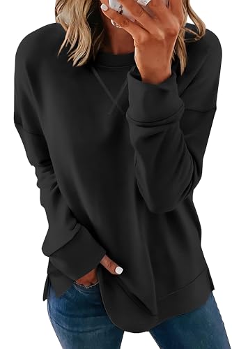 Womens Casual Loose Fit Sweatshirt Trendy Tops Crewneck Side Split Long Sleeve Shirts