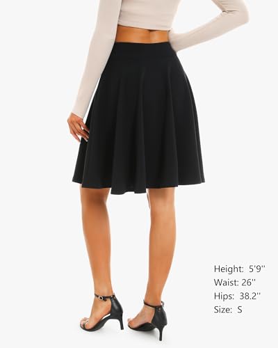 Stelle Women's 21" Knee Length Skirts with Pockets Casual Basic Midi Skirt Stretchy A-Line Skater Flared Pleated (Black,L)