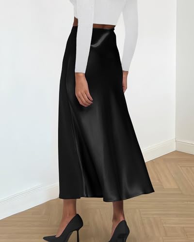 BTFBM 2026 Summer Womens Skirts Silk Elegant High Waist Flowy Long Satin A-Line Midi Skirt Cocktail Wedding Party(Black, Small)