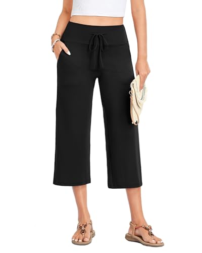 ZOOSIXX Capri Pants for Women - Palazzo Pants Casual Wide Leg Trousers with Pockets Summer High Waisted Drawstring Pants Black