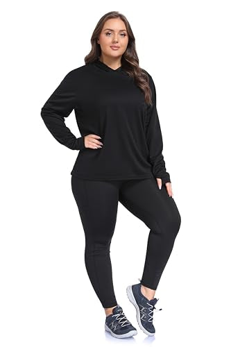 ZERDOCEAN Womens Plus Size Workout Tops Hoodie Long Sleeve Shirts Outfits for Hiking Running Cover Ups for Women Black 2X