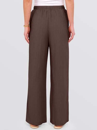 ANRABESS Women's Wide Leg Beach Pants Elastic Waist Lightweight Casual Flowy Palazzo Lounge Trousers with Pockets Brown Large