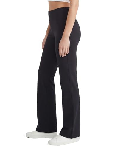 No nonsense Lounge Yoga Pants for Women, Black Flared Cotton Leggings, 32.5” Inseam, Wide Waistband, No Show Coverage, Relaxed Flare Leg, Black, X-Large