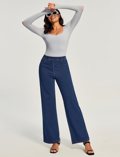 Ewedoos Wide Leg Jeans for Women Stretchy Sweatpant Jeans Women Pull On High Waisted Straight Womens Jeans Baggy Denim Pants Dark Blue