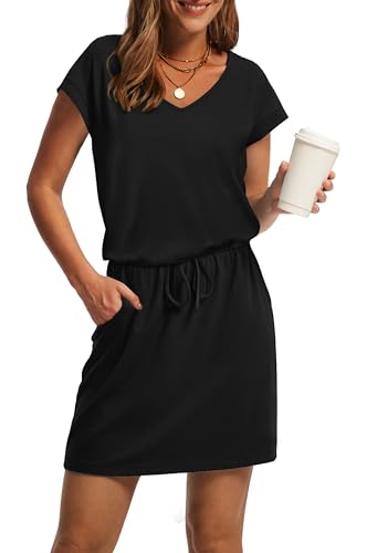 OFEEFAN Black Summer Dresses for Women 2025 Loose V Neck T Shirts Casual Dress Sundresses Tie Front A-Line Dresses XXL