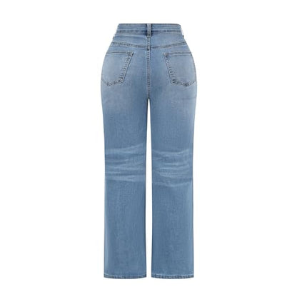 THUNDER STAR Womens High Waisted Wide Leg Jeans Stretchy Distressed Denim Pants Light Blue M