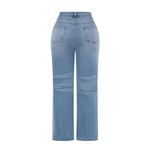 THUNDER STAR Womens High Waisted Wide Leg Jeans Stretchy Distressed Denim Pants Light Blue M