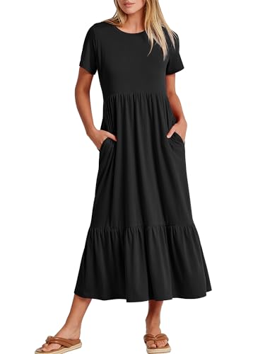 ANRABESS Womens 2026 Summer Casual Maxi Dress A line Tiered Flowy Short Sleeve Crewneck T Shirt Beach Travel Long Dresses Black X-Large