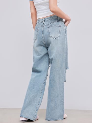 CIDER Women’s Ripped Jeans High Waisted Distressed Baggy Straight Wide Leg Pants: Denim, M