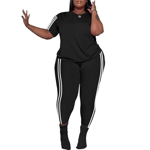 PINSV Women's Plus Size 2 Piece Outfits Tracksuits Short Sleeve Top Pants Sets Sweatsuits Black Stripe 3XL