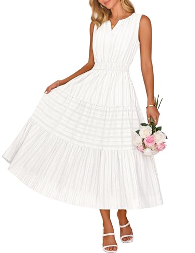 MEROKEETY Spring Summer Midi Dresses for Women 2026 Casual Beach Vacation Sleeveless Boho V Neck Cotton Maxi Dress Pockets, White, Medium