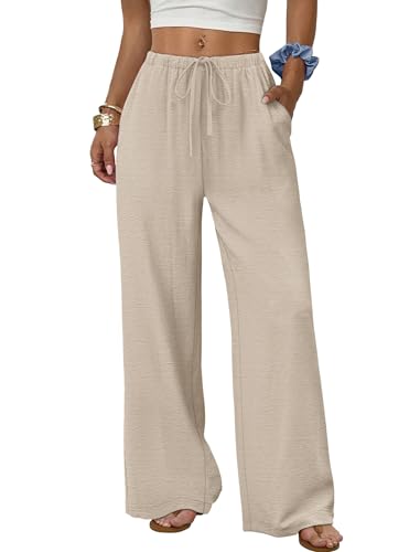 Sampeel Linen Pants Women Wide Leg Palazzo Pants Flowy Casual Summer Outfits Cruise 2026 Fashion Beach Vacation Clothes Spring Drawstring Elastic Waist Trouser Khaki S
