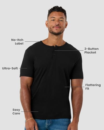 INTO THE AM Premium 3 Pack Henley Shirts for Men - Casual Short Sleeve Modern Slim Fit Logo T-Shirt Multipack Tee - Branded (Black/Black/Black, XX-Large)