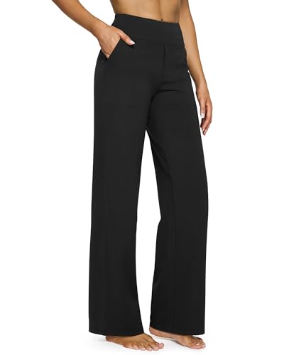G4Free Petite Wide Leg Pants for Women Yoga Dress Pants with Pockets Straight Leg Sweatpants Stretch Business Casual Work Pants(Black,S,29")