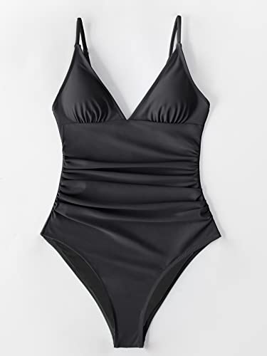 CUPSHE Womens Swimwear One Piece Swimsuit Tummy Control V Neck Bathing Suits Medium Black