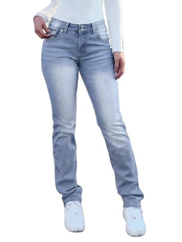 Flamingals Bootcut Jeans for Women Stretchy Mid Rise Double Button Wash Solid 90s Straight Leg Jeans Light Blue M