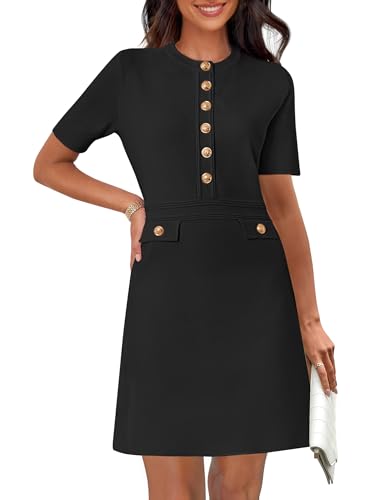 MEROKEETY Women's Knit Bodycon Sweater Dress Button Short Sleeve Crew Neck Elegant Formal Mini Dress, Black, Medium